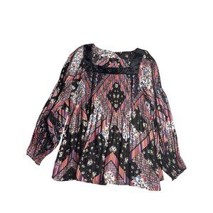 Melissa Paige Womens 2X Multicolor Floral Geometric Print Pleated Blouse Velvet